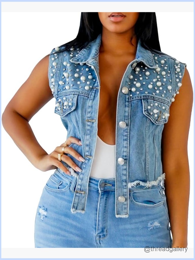 Sleeveless Button Up Denim Vest With Pearl Embellishments Cropped Jean Jacket